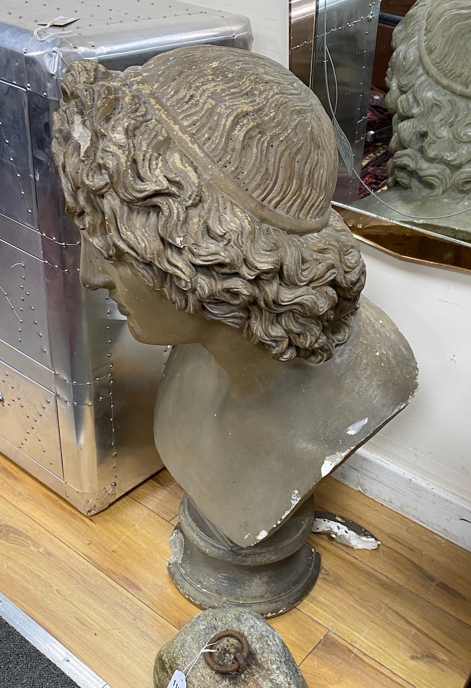 N.B. COLOURED PLASTER. A large 19th century French classical bust, height 83cm, a.f.